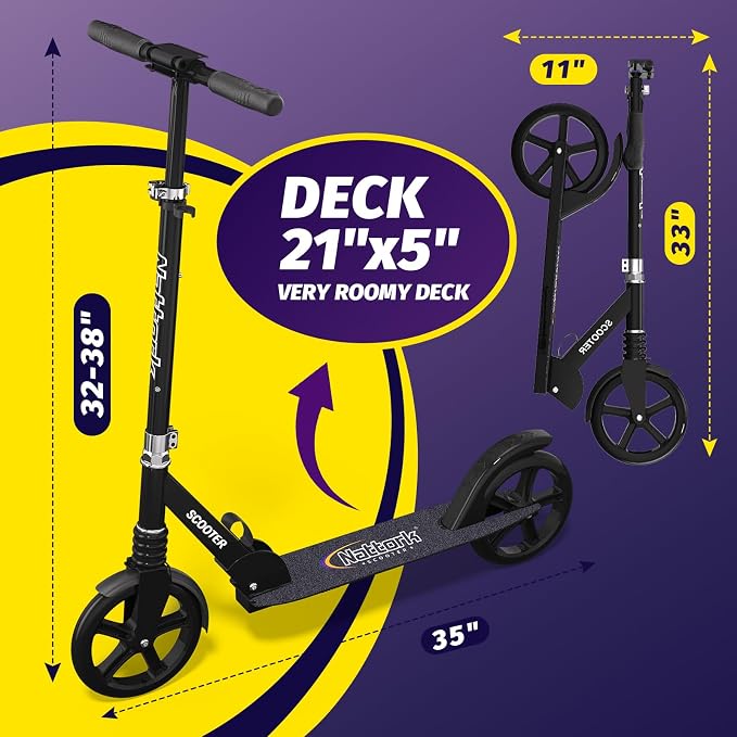 Nattork Kick Scooter for Age 6+ Kids Teens Adults, Max Load 240 LBS, Adjustable Height Foldable with 8" Large Wheels, Anti-Shock Suspension