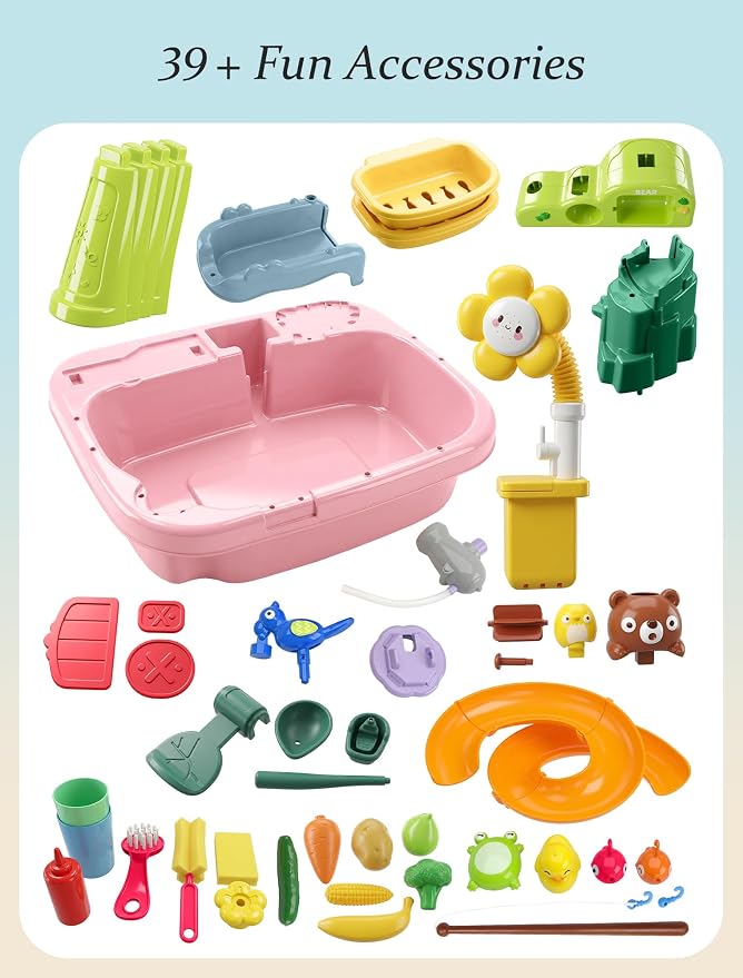 Water Table for Toddlers 1-3 with Pump: Summer Sensory Play Sink, Kitchen Fishing Playset with Running Water, Indoor Outdoor Montessori Water Toy Gift for Kids, BPA-Free, Non-Toxic