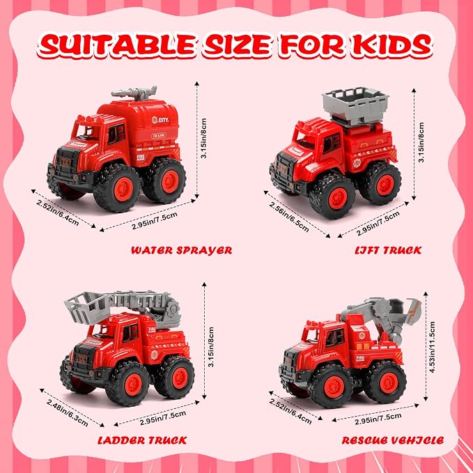 4 Pack Friction Powered Fire Truck Toys, Push and Go Emergency Vehicle Set with Ladder, Water Tank, Rescue & Drill Trucks, Durable Play Trucks for Toddlers 1-5, Gift for Boys Girls