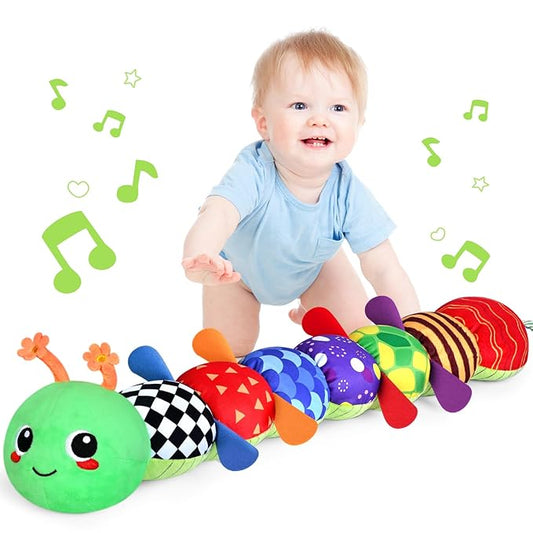 KMUYSL Baby Sensory Caterpillar Toys for 0-6 6-12 Months, Soft Plush Activity Toy with Crinkle, Rattle & Gentle Music, Tummy Time Toy for Infant Newborn, Early Development Toy Shower Gifts for Baby