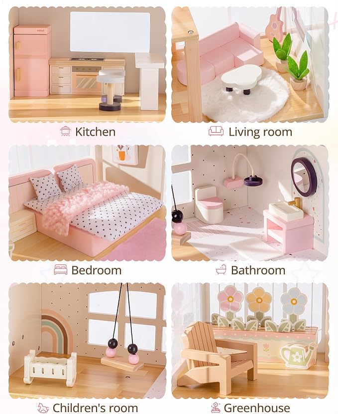 ROBUD Wooden Doll House for Girls，Dollhouse Kit with 6 Rooms & 37 Pcs Dollhouse Furnitrue Accessories, Pink Montessori Doll House for 3+, WDH22