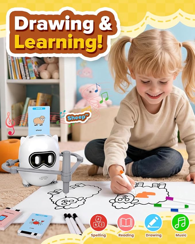 Drawing Robot Toy for Kids Ages 3 4 5 6 7 8, with 200 Cards, Voice Interactive Doodle Bot, Montessori Educational Painting Machine, Learning Art Toy for Boys Girls, Gift Idea