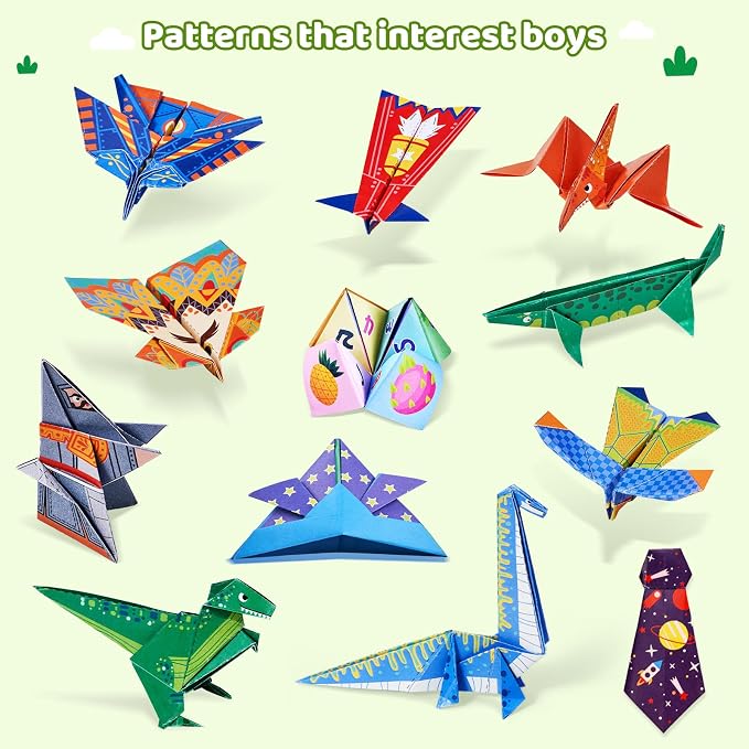 Gamenote Colorful Origami Kit for Kids 72 Projects 180 Double Sided Origami Paper 12 Sheets Practice Papers Instructional Origami Book Origami Gift for 4+ Boys Adult Beginners Training Craft, Dinosaur