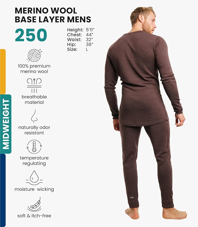 Merino.tech Merino Wool Base Layer Mens Set - Heavyweight, Midweight, Lite Merino Wool Thermal Underwear For Men Top, Bottom