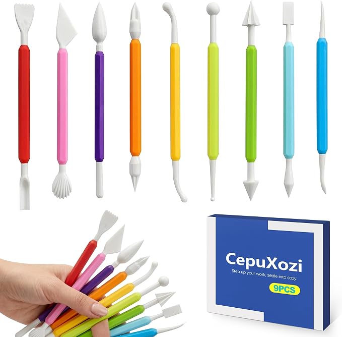 CepuXozi 9 Pcs Clay Sculpting Tools Kit, Double Ended Pottery Carving & Modeling Clay Tools, Air Dry Clay Tools for Kids, DIY Art Crafts, Lippan Art & School Work, Assorted Colors
