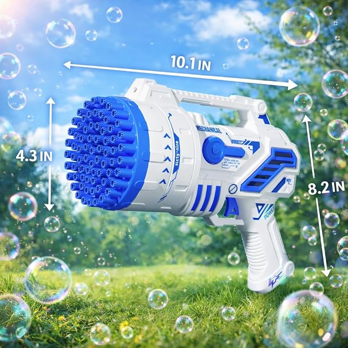 Bubble Gun for Kids, 69-Hole Bubble Blaster with LED Lights, Blue | 69-hole bubble machine gun for kids ages 4-8, with LED lights for summer, birthday, party and outdoor play.