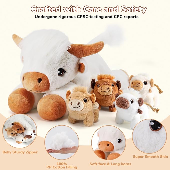 gnomantic Highland Cow Stuffed Animals with Babies, Mommy Toy for Kids | 5-Piece set: 1 mommy highland cow + 4 surprise babies inside. Unzip belly to reveal babies. Ultra-soft, safe for ages 3-8.