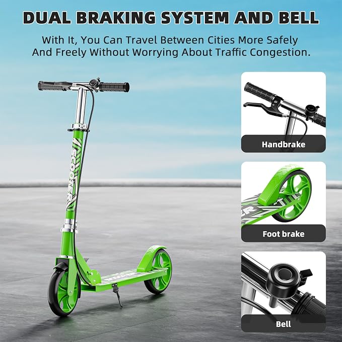 Scooters for Kids 8-12, Teens & Adults - Lightweight, Foldable, 8-Inch Big Wheels, Hand Brake & Bell, 4 Adjustable Height Levels, 240 lbs Max Load, Perfect for School, Campus and Park Rides