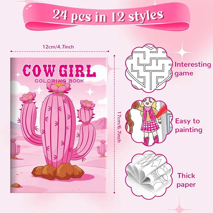 BenLouis 24 Pcs Cowgirl Mini Coloring Books Kids Western Girl Party Favors Small Activity Books Bulk for Kids Wild West Horse Birthday Goodie Bags Stuffers Return Gifts Classroom Travel