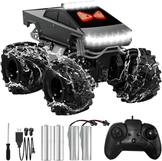 Qrytoi 1:18 Amphibious Remote Control Car with LED Light Eyes, 2.4GHz 360° Rotatable Remote Control Car, Waterproof Monster Truck Toys, Kids Toy Gift for Boys Girls Age 6 7 8 9 10 11 12+