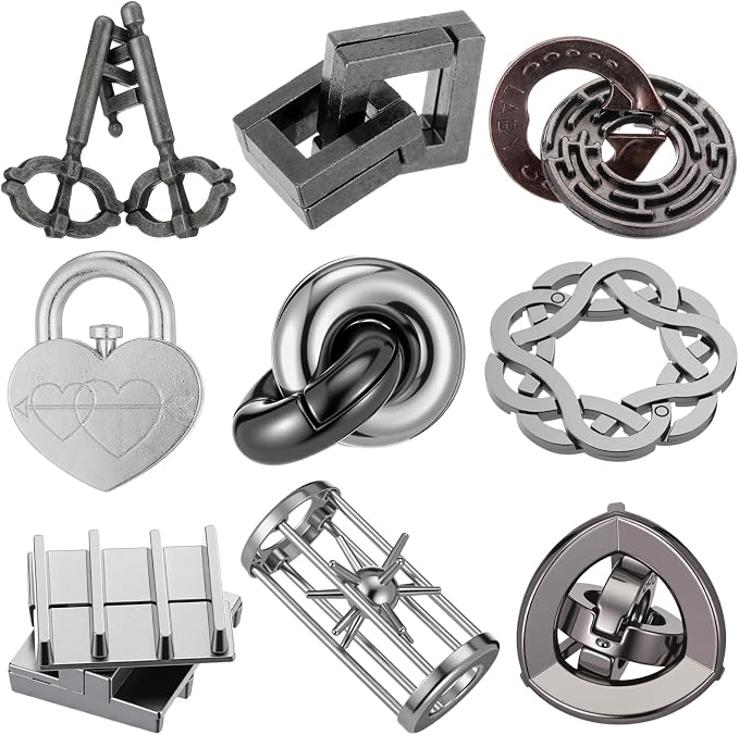 Wettarn 9 Pcs Metal Brain Teaser Puzzles 3D Steel Puzzle Set for Adults IQ Logic Challenge Disentanglement Unlock Interlocking Games Smart Logic Test Toys for Adults Mind Challenge(Engaging Style)