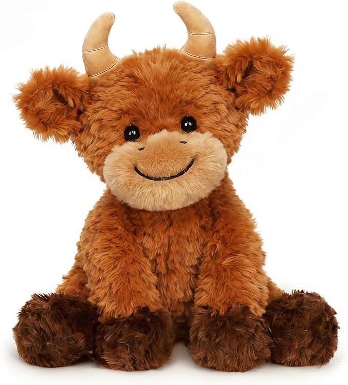 Hopearl Adorable Plush Highland Cow Toy Floppy Soft Kawaii Stuffed Animal Cute Birthday Holiday Gift for Boys Girls Kids Toddlers, Brown, 10''
