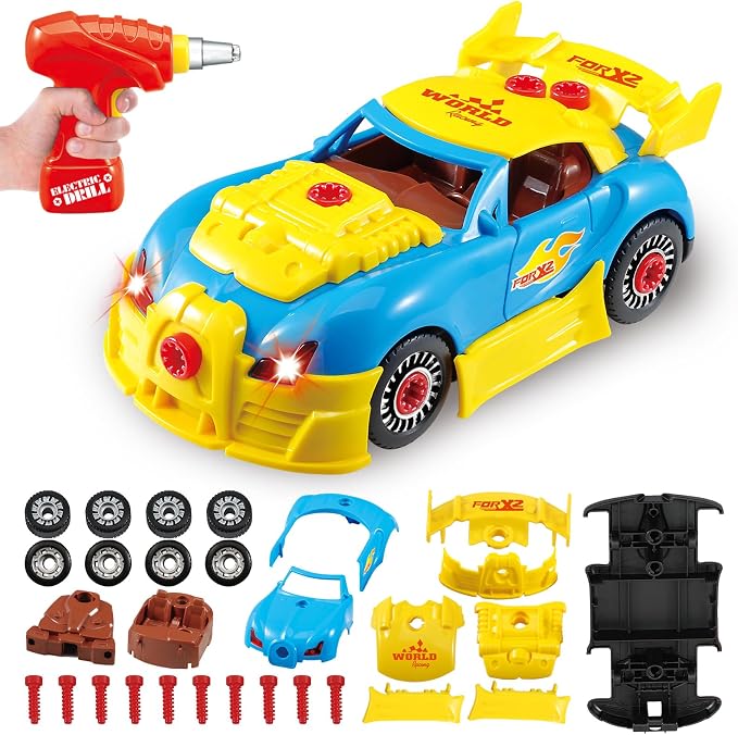 Pup Go Construction Toys for Kids 3 4 5 Years, Take Apart Toy Racing Car, 30 Pieces Building Toys with Electric Drill, Build Your Own Car, Realistic Sounds & Lights, Buildable Gifts (4 Spare Screws)