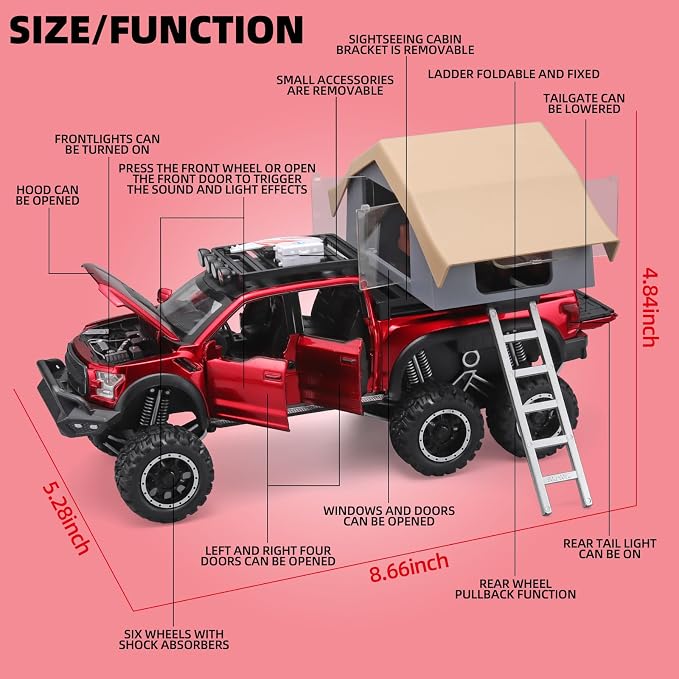 OANMYJJO Toy Trucks for Boys Age 4-7,Trucks for Kids F150 Diecast Truck,Model F150 Pickup Truck with Sightseeing Cabin,Pull Back Cars with Light and Sound,Trucks for Kids Ages 4-8（Red）