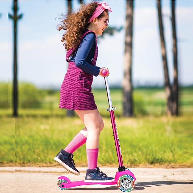 3-Wheel Kick Scooter for Kids Ages 3-8 Lean-to-Steer Toddler Scooter with Extra Wide Light Up Wheels, 4 Adjustable Heights, Foldable Scooters for Boys & Girls, Max Weight 110lbs