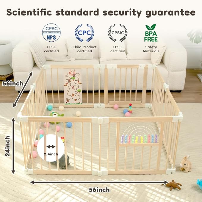 Ulnxiy Wooden Baby Playpen with Montessori Toys, 8-Panel Foldable Wood Play Yard for Toddlers, 56"x56" Large Baby Fence with Safety Lock, CPC Certified Natural Pine Wood Activity Center