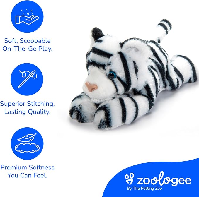 The Petting Zoo White Tiger Stuffed Animal Plushie, Gifts for Kids, Scoopz Wildlife Animals, Tiger Plush Toy, 8 inches