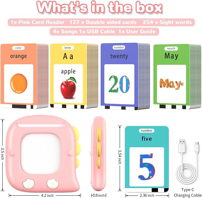 Kidzdo Talking Flash Cards for Toddlers 1 2 3 4 5 6 Years Old, 254 Words Pocket Speech Language Learning Toys, Great Christmas Birthday Gift Ideas for Girls Ages 1-6, Pink