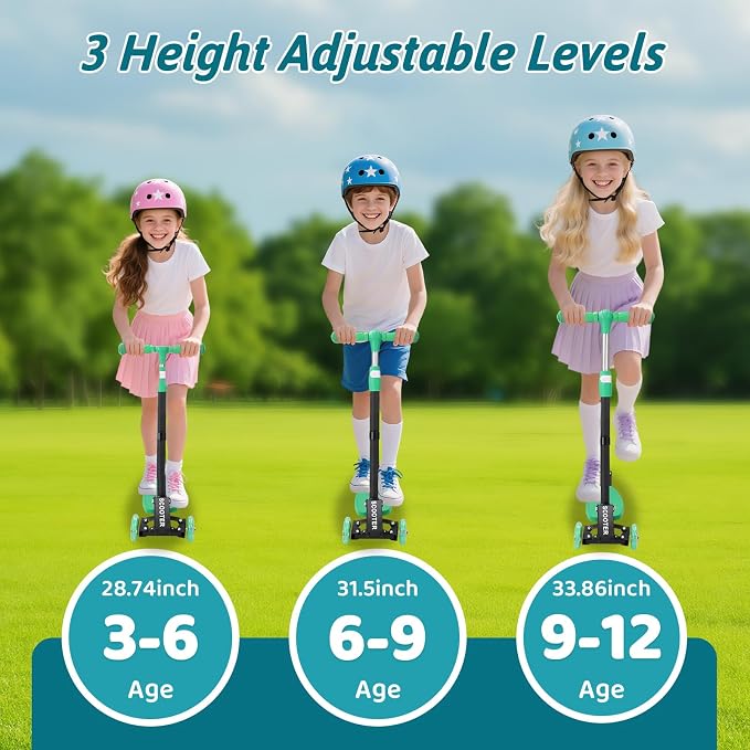 Kids Kick Scooter for 3-12,Lean-to-Steer 3 Wheel Scooter for Beginners with Light-Up Wheels,3 Adjustable Handlebar 27.5"–33",6-Inch Wide Deck,Rear Foot Brake,Foldable Scooter for Boys & Girls