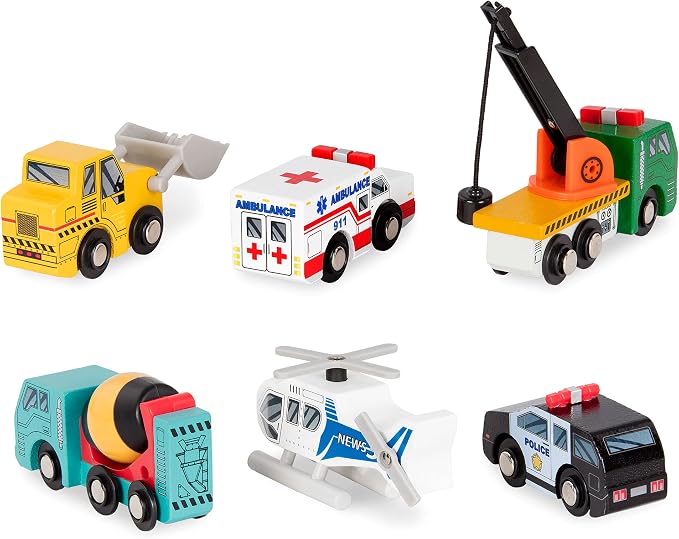 Battat – Wood Cars for Kids – 6 Pieces Toy Vehicle Set – Mini Rescue & Construction Vehicles – Toddler Truck Toys – 3+ Years– Wooden Vehicles Set 1