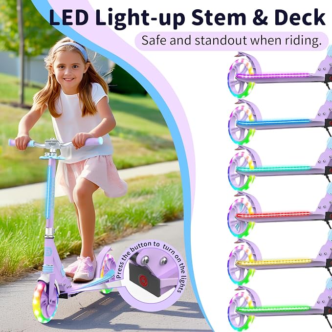 BELEEV V8 Scooters for Kids Ages 6+ with Light-Up Deck, 2 Wheel Folding Scooter for Kids, 4 Adjustable Height, Lightweight Sport Commuter Scooter, Sturdy Frame