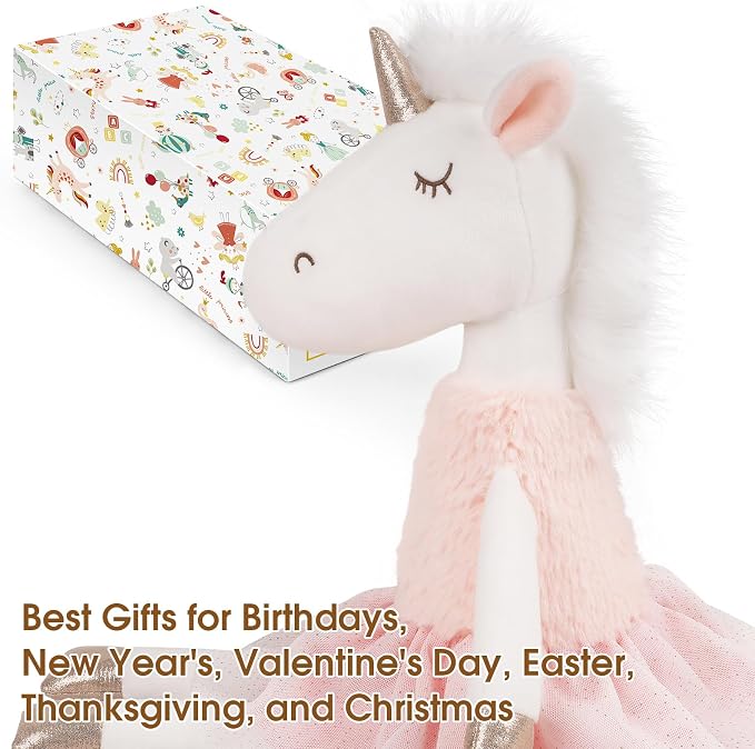 Mikkee Fluffie 15" Ballerina Unicorn Plush - Magical Stuffed Animal with Gold Horn & Hooves, Sparkling Tulle Tutu Skirt - Whimsical Keepsake Gift for Girls, Nursery Decor, Prima Ballerina Doll