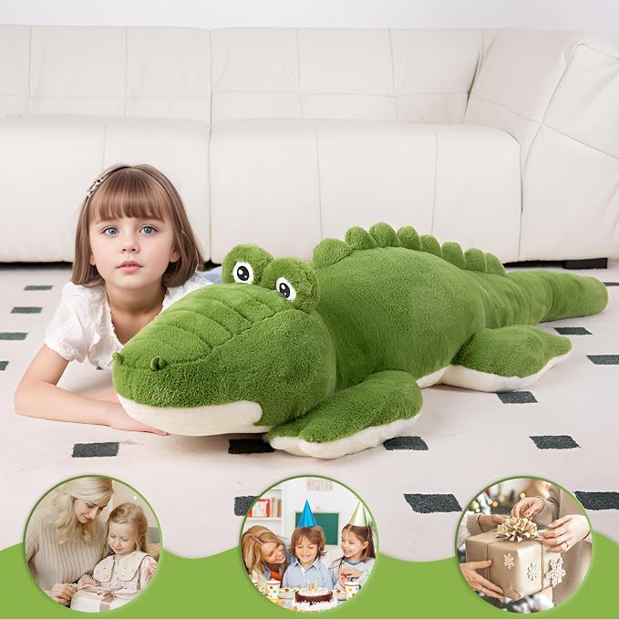 FFxiong 60 inch Green Giant Alligator Plush Stuffed Animal Toy 5 Feet Huge Big Soft Body Long Pillow Cute Extra Large Crocodile Plushies Gift for Kids Girl Boy Birthday Valentines Christmas
