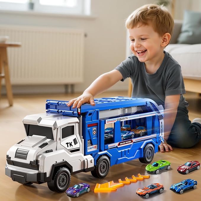 Toddler Car Truck Toys for 3 4 5 6 7 8 Years Old Boys, Transporter Truck Toy Track Set with 12 Die-Cast Car Toys, Toy Gifts for 3 4 5 6 Year Old Boys Kids