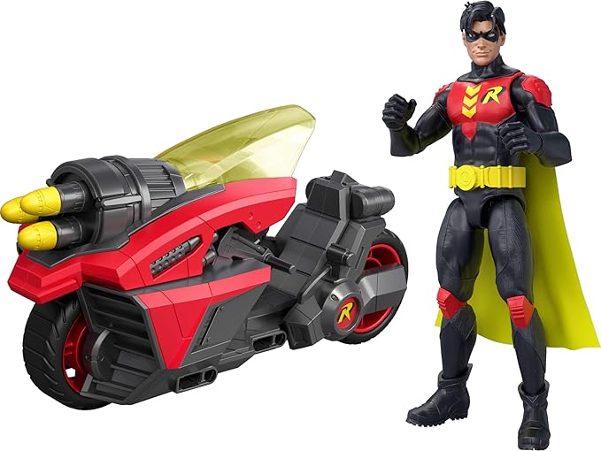 Mattel DC Premier 6.5 Inch Robin Figure & Cycle Vehicle with Projectile Launch, Exclusive Deco, Batlink Robin Cycle