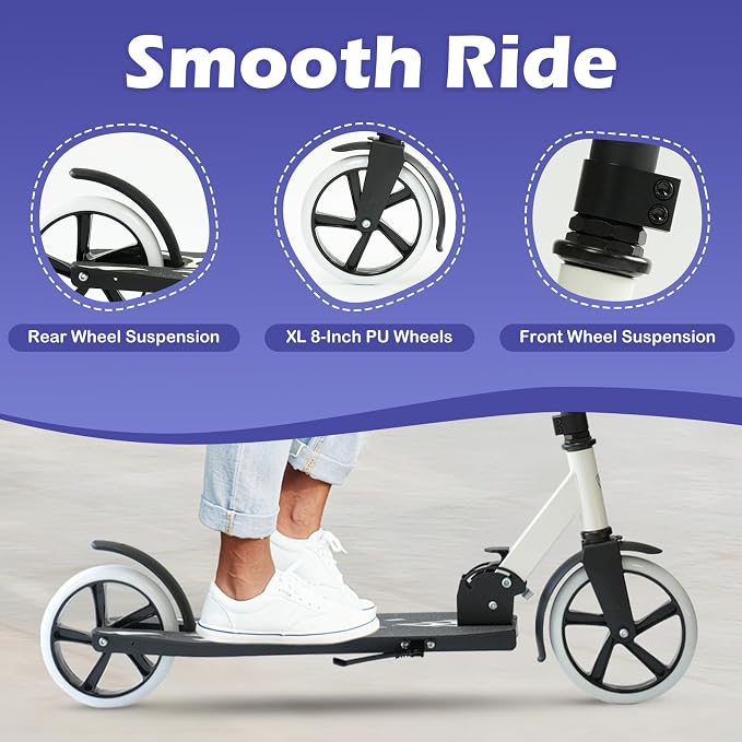 Rahmory Kick Scooter for Ages 6+,Kid, Teens & Adults. Foldable Kick Scooter for Boys with 4 Adjustable Heights, ABEC9 Bearings, Supports Up to 220 lbs.
