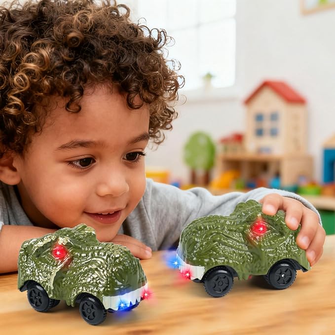 2-Pack Dinosaur Track Car Toy for Kids - Best Birthday Gifts for 3 4 5 6 7 Year Old Boys, LED Light-Up Dino Track Cars, Compatible with Most Dinosaur Race Track Sets