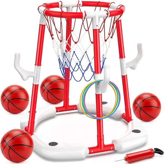 Floating Pool Basketball Hoop, 2-in-1 Basketball Pool Toys for Kids with 4 Balls 12 Rings, Summer Outdoor Swimming Pool Sports Game Water Play Toys for Kids Age 3-12