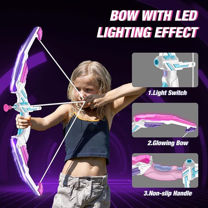 HYES 2 Pack Bow and Arrow for Kids 4-6, LED Light Up Archery Set with 24 Suction Cup Arrows, 1 Unicorn Standing Target, 6 Score Targets & 2 Quiver, Indoor Outdoor Sport for Girls Ages 8-12