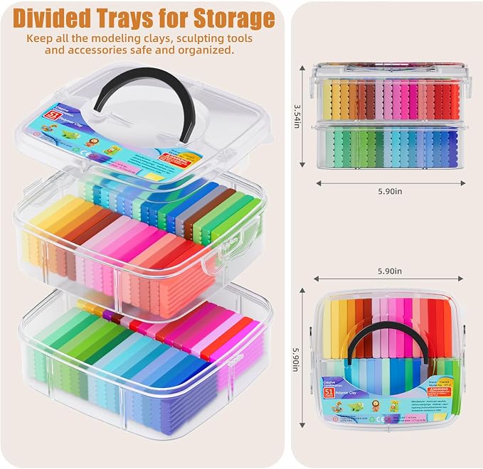 CiaraQ 51-Color Polymer Clay Oven Bake Modeling Kit for Kids & Artists | Non-sticky & non-toxic. 2.84 lb. With sculpting tools. Classroom & Home Use. Fun gift for Kids & artists. Ages 4+