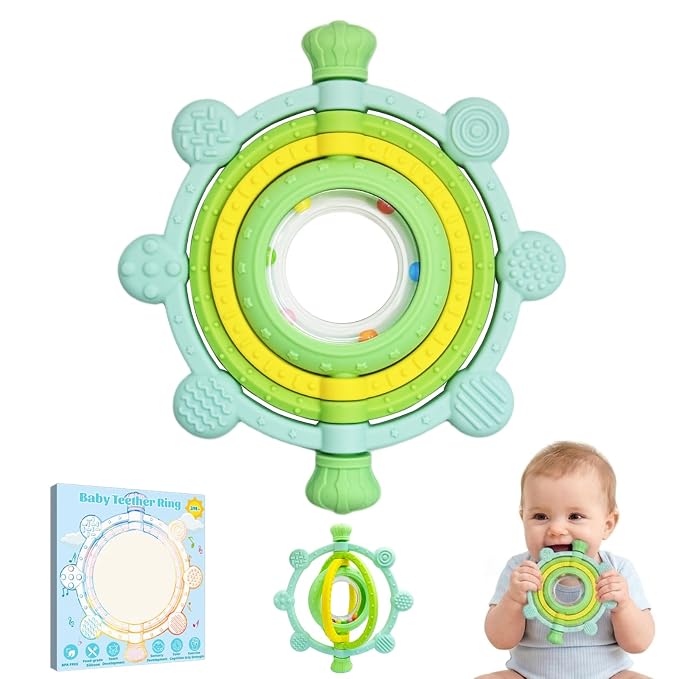 Rotatable Baby Teething Rings Rattle Toys for Infants 3-12 Months, Silicone Baby Teether Sensory Toys with Raised Textured Bumps, Safe & Soft for Chewing, Teething Relief, Soothing Sore Gums, BPA-Free