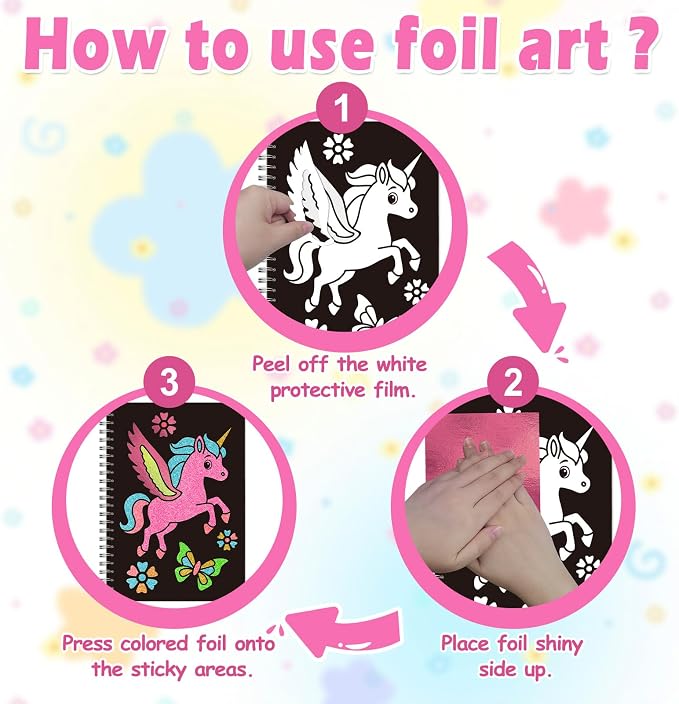 4-in-1 Princess Unicorn Craft Kit for Girls Ages 4-8, Foil Art, Scratch Art, Watercolor Painting & Coloring Activities, Creative DIY Arts and Crafts Set, Travel Activity for Home and Road Trips