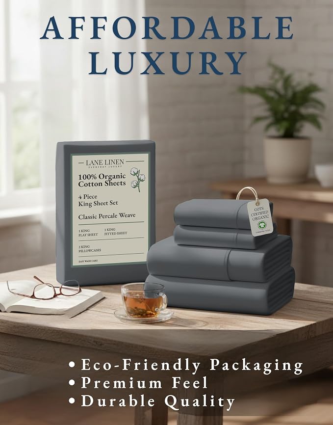 LANE LINEN King Size Sheets 100% Organic Cotton Percale Cooling - Charcoal | King Sheets In GOTS Certified Organic Cotton Percale - All-Season Comfort, For Master Bedrooms, Crisp Hotel-Style Feel
