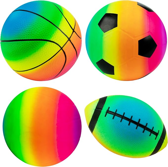 Homotte Rainbow Sports Balls Pack of 4, 8.5" Football Basketball Soccer Volleyball Set with Pump, Inflatable Multi-Sports Ball Set, Outdoor Playground Toys for Kids, Bulk Available