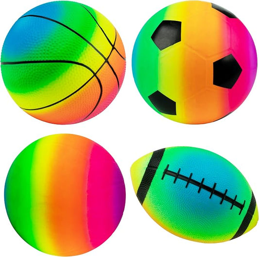 Homotte Rainbow Sports Balls Pack of 4, 8.5" Football Basketball Soccer Volleyball Set with Pump, Inflatable Multi-Sports Ball Set, Outdoor Playground Toys for Kids, Bulk Available