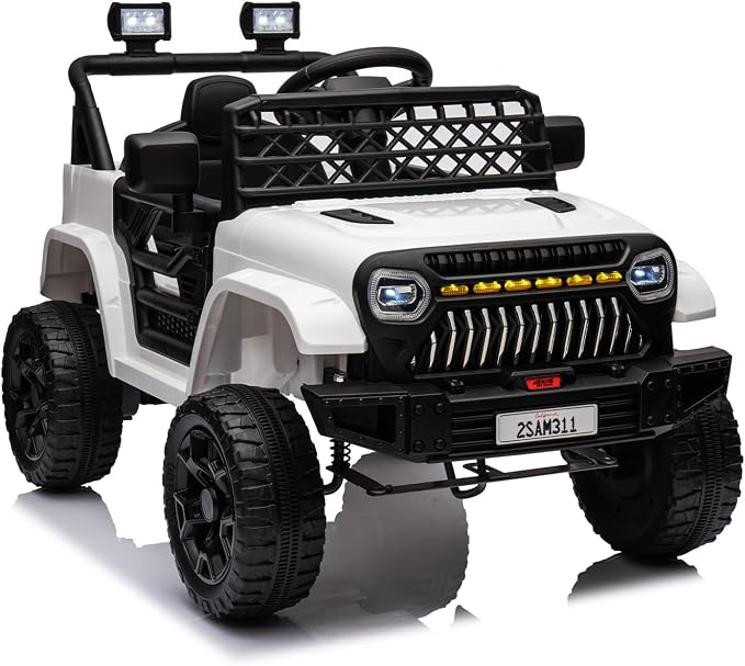 GarveeLife 12V Kids Ride On Truck Electric Vehicle Battery Powered Car Toddlers Ride On Toy for Boys Girls with Remote Control, 4-Wheel Suspension, Battery Display, LED Lights, Music, White