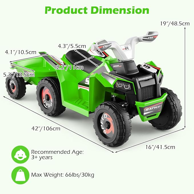 OLAKIDS 6V Kids ATV with Removable Trailer, Forward Backward Function, Widened & Wear-Resistant Wheels, Ride On Toy for Toddlers (Green)