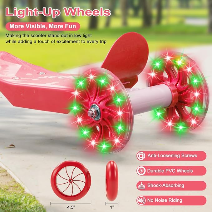 Kids Scooter: LED Lighted 3 Wheel Scooters for Kids 3-5, 3 Adjustable Height Handlebar, Anti-Slip Deck,Heavy Duty Metal Scooters for Boys Girls Ages 3-5 5-7, up to 110 Lbs,Toddler Kick Scooter