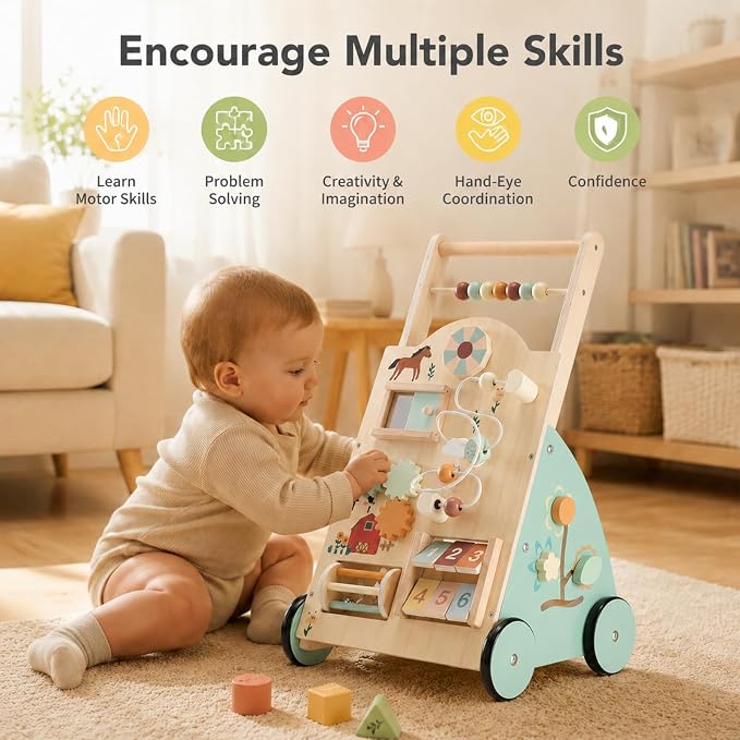 DUMOS Wooden Baby Push Walker, Montessori Activity Toys with Adjustable Speed for 1 Year Old, Silent Rubber Wheels, Wood
