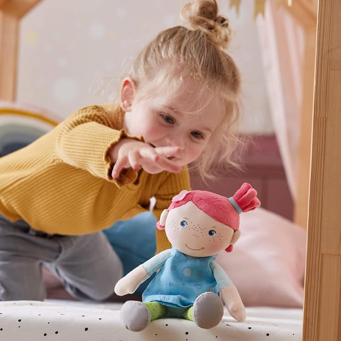 HABA Snug Up Philine - 10" Soft Doll with Embroidered Face, Pink Pigtail and Removable Blue Dress - Machine Washable - Perfect First Doll and Stuffed Cuddle Companion for 18 Months and Up
