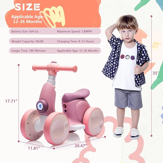 6V Electric Baby Balance Bike for 1 Year Old Boys Girls Ride on Toys 12-36 Months Toddler Balance Bike, 4 Wheels Kids First Bike with Remote Control First Birthday Gifts- Purple