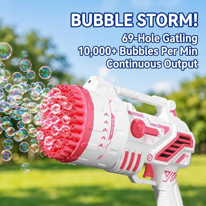 Bubble Gun for Kids, 69-Hole Bubble Blaster with LED Lights, Pink | 69-hole bubble machine gun for kids ages 4-8, with LED lights for summer, birthday, party and outdoor play.