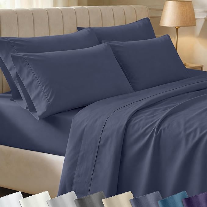 California Design Den 6-Pc King Size Sheet Set with 4 Pillowcases - Soft 400 Thread Count 100% Cotton Sheets, Sateen Weave, Deep Pocket Bedsheets Set - Indigo Dusty Blue
