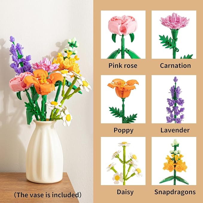 15PCS Flower Bouquet Building Set, 523PCS Floral Blocks Toy for Kids