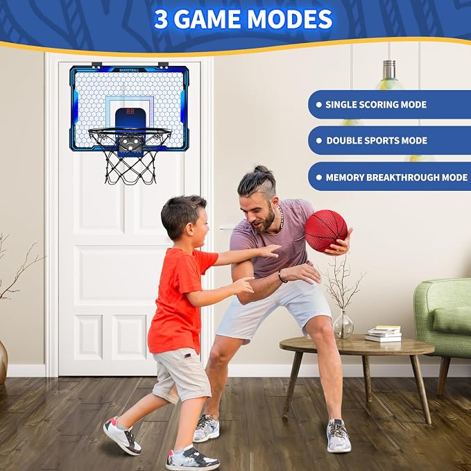 HYES Mini Basketball Hoop Indoor, Over The Door Basket Ball Hoop with 7 LED Lighting/Scoreboard/3 Modes/Foldable Rim, Wall Basketball Toy, Sport Decor Gifts for Kids Adult for Bedroom/Office (Blue)