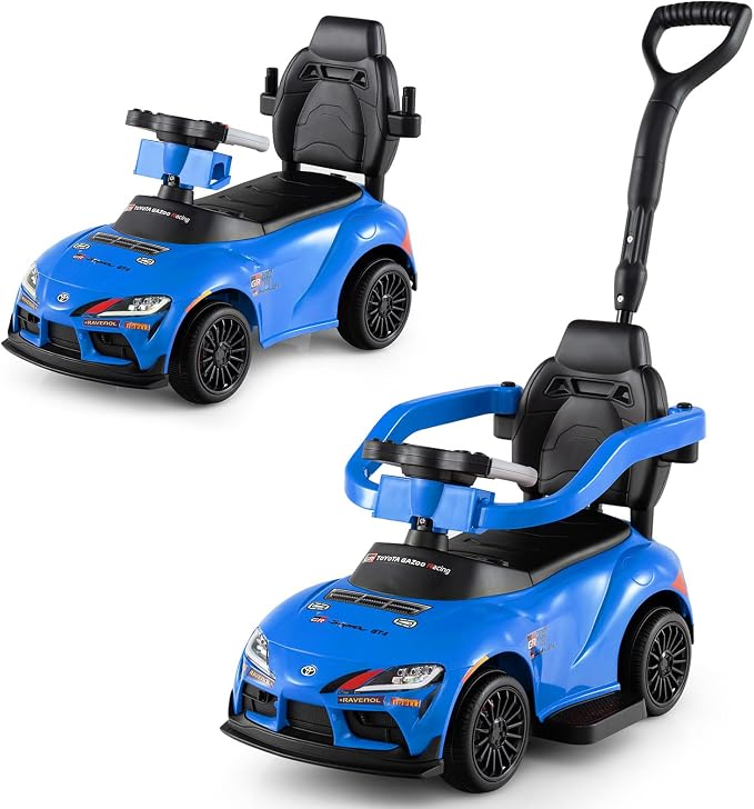 Costzon Push Car for Toddlers, 3 in 1 Toyota Licensed Stroller Sliding Walking Car w/Handle, Music, Safety Guardrail, Under-Seat Storage, Foot-to-Floor Kids Ride On Toys for Boys Girls (Blue)